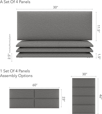 Vänt Upholstered Wall Panels - Queen/Full Size Wall Mounted Headboards - Boucle Grey - Set of 4 Panels (Each Individual Panel 30"x11.5")