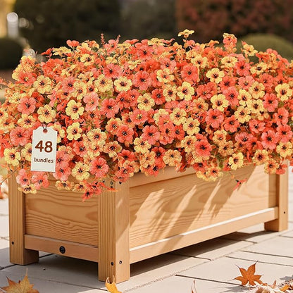 SHareconn 48 Bundles Artificial Fall Flowers for Outdoors Decoration, UV Resistant Silk Eucalyptus Lavender Faux Autumn Fake Plants for Outside Indoor Garden Yard Porch Home Decor, Autumn Orange-Red