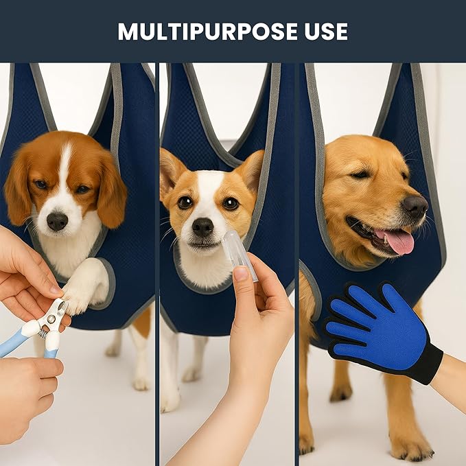 Pet Grooming Hammock Kit for Dogs & Cats - Includes Hammock Harness, Nail Clippers, Nail File, Grooming Glove, Dematting Comb, S-Hooks, Carabiners & Storage Bag for Easy Home Grooming Large (93×56) cm-Mewly Pet