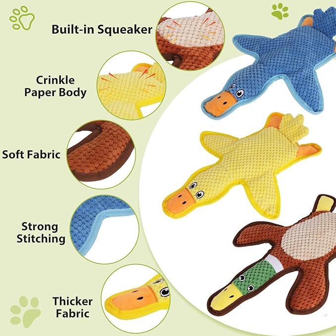 Dog Toys 3-Pack Cute Duck Shapes Puppy Toys No-Stuffing Squeaky and Crinkle Interactive Dog Chew Toy for Small to Large Breeds-Mewly Pet