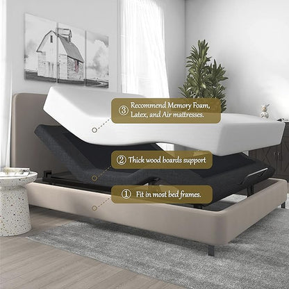 SHA CERLIN Split King Size Adjustable Bed Base/Bed Frame with Motorized Head and Foot Incline,Zero-Gravity,Wireless Remote,Wood Board Support (Only Base)