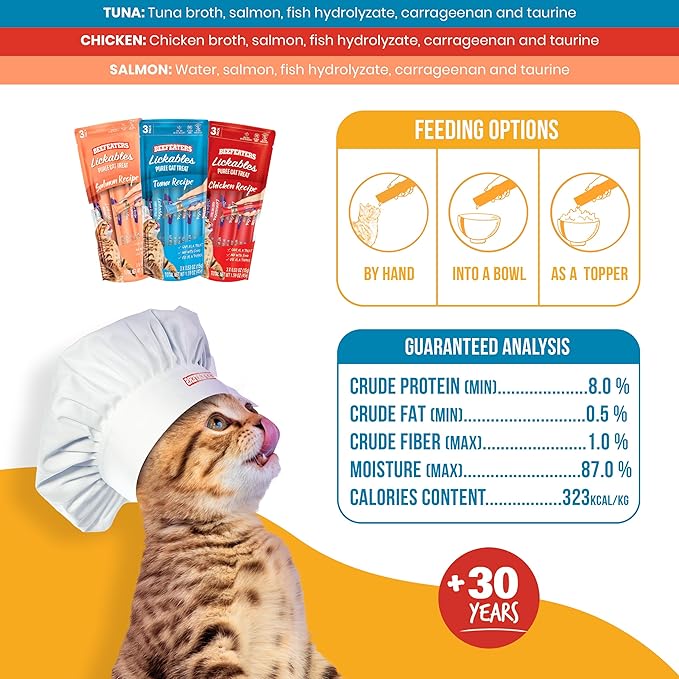 Beefeaters Cat Treats Variety Pack Lickable Puree 48ct – Salmon, Tuna & Chicken, Grain-Free, Taurine-Enriched, Ideal for Training & Interactive Feeding-Mewly Pet