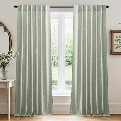 RYB HOME Linen Sheer Curtains and Drapes for Living Room and Dining Room 63 inches Length, Breathable Back Tab/Rod Pocket Semi Sheer Curtains, Sage Green, W 52 x L 63 inches, 2 Panels Set