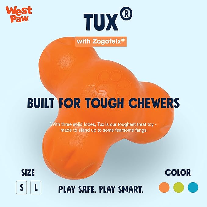 West Paw Zogoflex Tux Interactive Treat Dispensing Dog Chew Toy for Aggressive Chewers, 100% Guaranteed Tough, It Floats!, Made in USA, Small, Tangerine-Mewly Pet