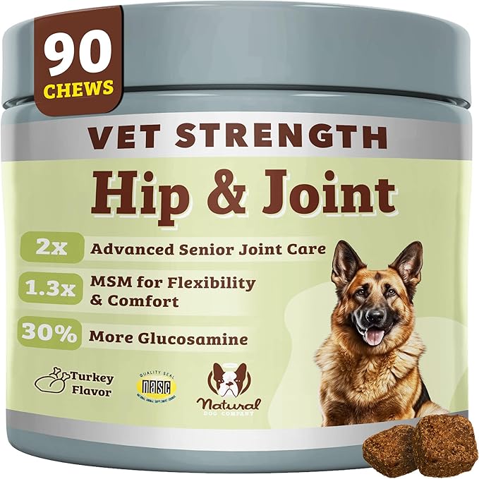 Natural Dog Company Vet Strength Hip & Joint Chews for Senior Dogs (90ct) Joint & Flexibility Support, Arthritis Relief for Senior Dogs, 1.3X Glucosamine, 2X Green Lipped Mussel & MSM for Dog Mobility-Mewly Pet