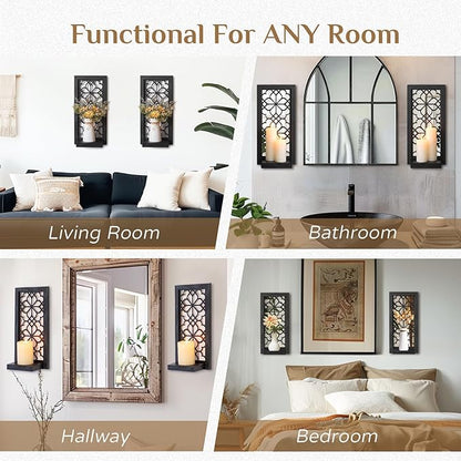 Black Candle Sconces Wall Decor - Gothic Wood Candle Shelves Decor for Plant Display - Halloween Wall Candle Holder Vintage Sconces for Office Fireplace Window Hallway