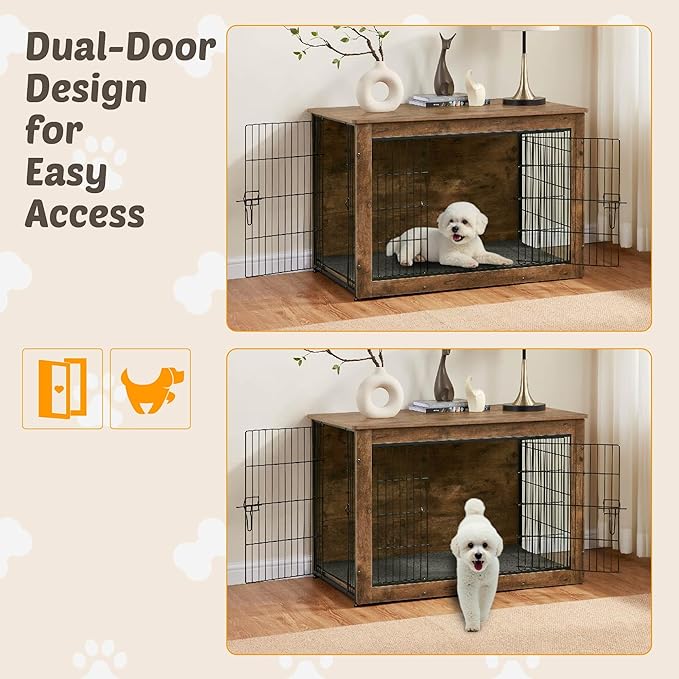 Dog Kennel Furniture, Wooden Dog Crate End Table with Dual Doors, Chew-Proof Design & Cushion, Heavy Duty Dog Crate, Decorative Pet Crate Dog Cage for Indoor (27 Inch)-Mewly Pet