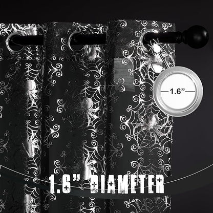 NICETOWN Black Sheer Halloween Curtains with Silver Spider Foil Print, Grommet Flowing Voile Sheer Window Treatment for Gothic Bedroom, W54 x L84, 2 Panels