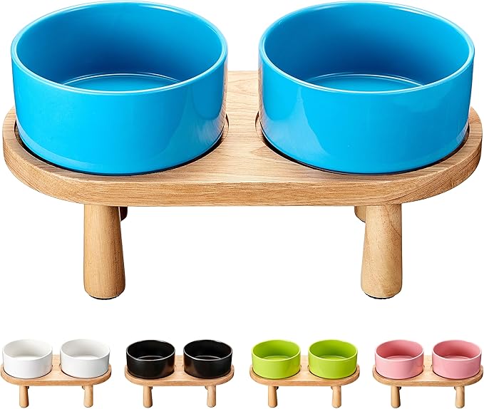 Ceramic Elevated Dog Bowls, Pet Food and Water Bowl Set for Large Dogs, 7.5 Cups Dog Bowls Raised with Wood Stand, 61OZ, Blue-Mewly Pet