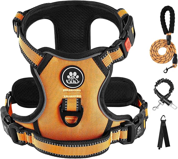 IVY&LANE No Pull Dog Harness for Large Dogs, Dog Vest Harness with Leash, Safety Belt and Storage Strap, Fully Adjustable Harness, 360° Reflective Strip, Soft Handle (Orange,X-Large)-Mewly Pet