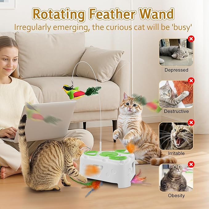 3-in-1 Interactive Cat Toys for Indoor Cats,Automatic Kitten Toy,Flying Bird,6 Holes Mole,Rotating Feather, Rechargeable USB Interactive Cat Feather Toys for Bored Indoor Cats-Mewly Pet