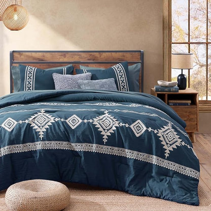 MaiRêve Embroidery Queen Size Comforter Set Navy Blue, Boho Farmhouse Western Bedding Set 7 Pieces, All Season Bed in A Bag Comforter Set with Sheets, Pillowcases & Shams