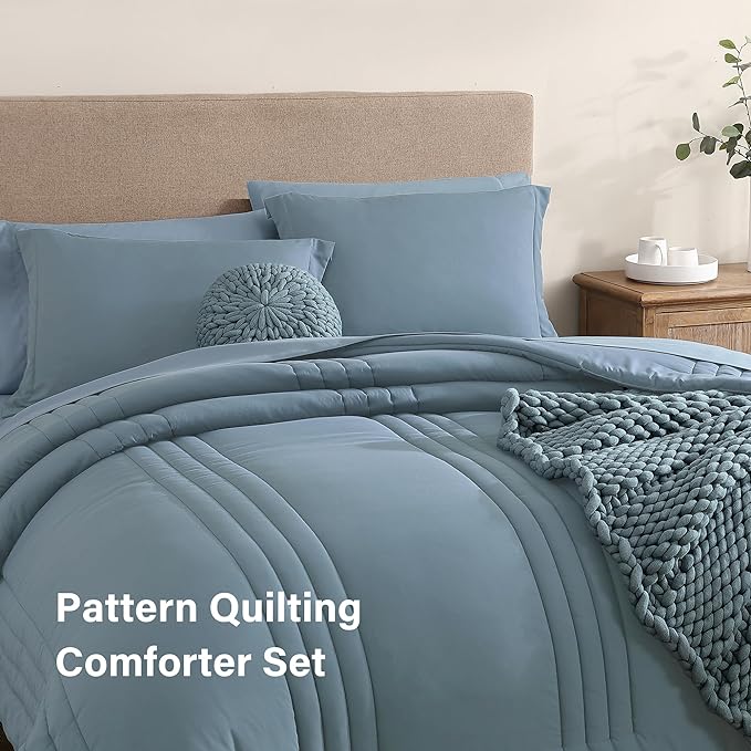 Monbix Full Comforter Set - 7 Pieces Dusty Blue Bed in a Bag Full Size Bedding Sets with Comforters, All Seasons Down Alternative Comforter with Sheets,Pillowcases & Shams