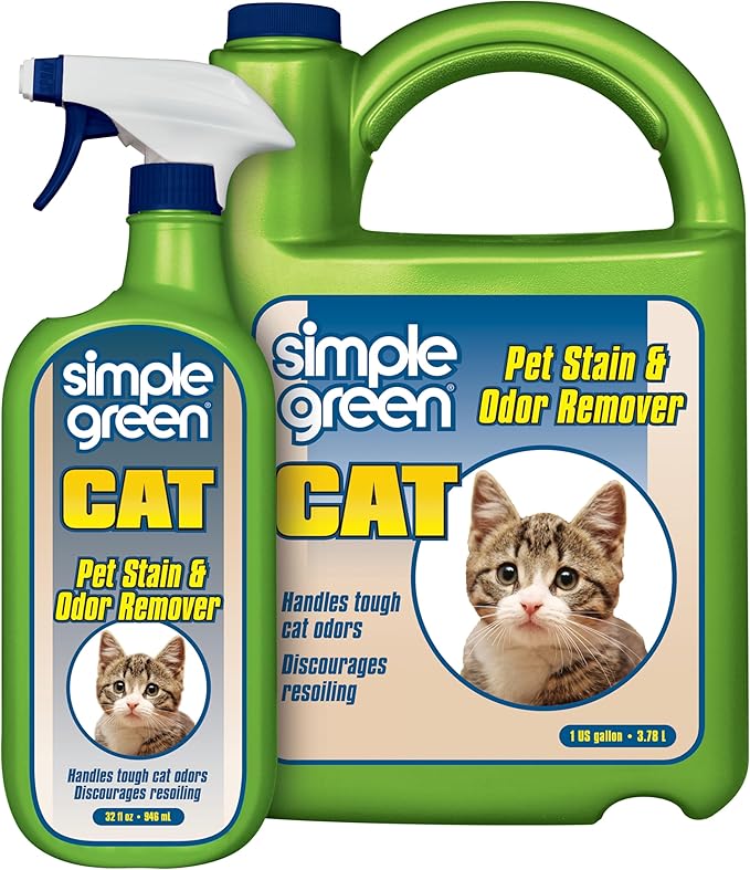 Simple Green Cat Stain & Odor Remover - Enzyme Cleaner for Cat Urine, Feces, Blood, Vomit (32 oz Sprayer & 1 gallon Refill)-Mewly Pet