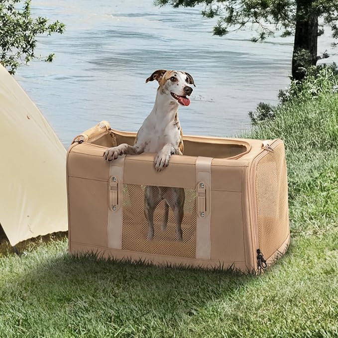 Petsfit 19x12x12 Pet Carrier for Large Cats (up to 20 lbs), Soft-Sided Small Dog Travel Carrier, Upgraded with Patented Buckle and Soft Padding, Ideal for Car Road Trips,Khaki-Mewly Pet