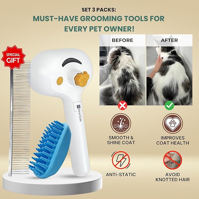 Self Cleaning Steam Brush for Cat Dog, 4 in 1 Pet Brushes for Shedding & Grooming, Bath Massage & Water/Mist Slicker Brush for Long Haired Cats & Dogs- Pet Grooming Brushes with Spray for Cats-Mewly Pet