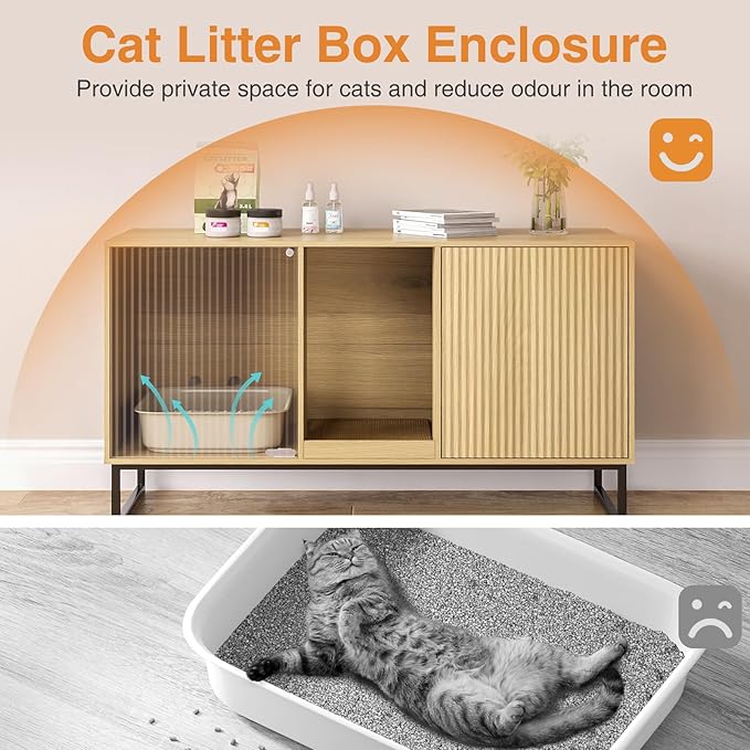 Litter Box Enclosure for 2 Cats, Fluted Hidden Cat Litter Box Furniture with Scratch Pad and Metal Legs, Modern Double Room Kitty House for Living Room, Washroom, 47.2”L x 17.7”W x 25.9”H, Natural-Mewly Pet