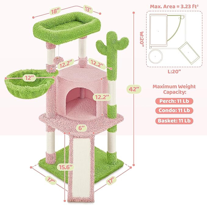 Yaheetech Cactus Cat Tree, 42in Cat Tower for Indoor Cats, Multi Level Kitten Condo Scratching Post, Pet Activity Center Furniture w/Ball, Plush Perch, Platform, Basket, Pink/Green-Mewly Pet