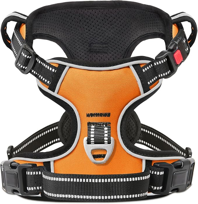 Timos Dog Harness Large Sized, No Pull with Neck Lockable Snap,No Choke Front Clip Dog Reflective Harness,Adjustable Metal Rings 3 Buckles,Easy Control Handle for Large Dogs Orange L-Mewly Pet
