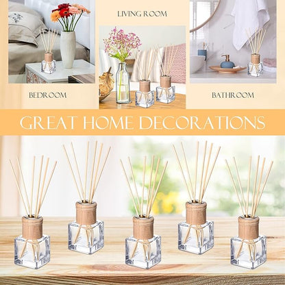 Roshtia 4 Set Reed Diffuser Bottle Empty Refillable Fragrance Glass Diffuser Bottles with Wooden Caps Rattan Sticks 50ml 1.7 oz Glass Jars for DIY Fragrance