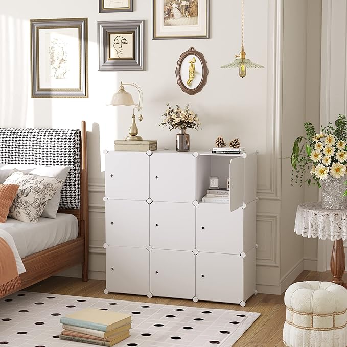 C&AHOME Cube Storage Organizer with Doors, 9-Cube Shelf, Closet Cabinet, DIY Plastic Modular Bookshelf, Storage Shelves Ideal for Bedroom,Living Room,36.6”L x 12.4”W x 36.6”H Milky USHS3009M-DOOR