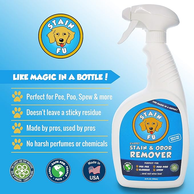 Pro Strength Carpet Odor & Stain Remover Works Like Magic in a Bottle on Tough Urine Feces Vomit and Even red Wine Too! 24 fl.oz-Mewly Pet