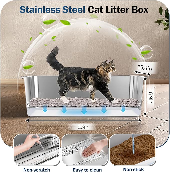 Stainless Steel Sifting Litter Box with Lid, Metal Litter Pan with Scoop for Big Cats Multi Cat, Extra Large Cats Litterbox Odor Control Easy Clean (23*15.4*6.9inch-Without Enclosure, X-Large)-Mewly Pet