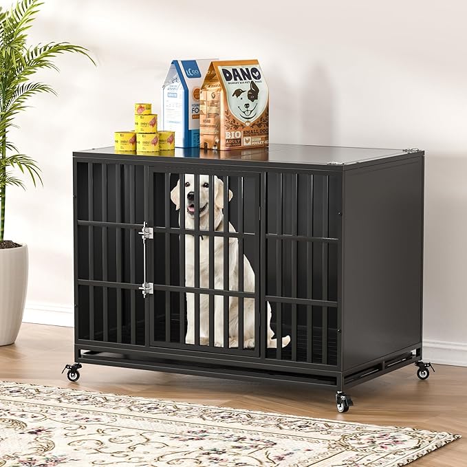 48 inch Heavy Duty Dog Crate with Self-Locking Latch, Indestructible Large Steel Kennel with Enclosed Design, Escape-Proof and Chew-Proof Pet Cage for High Anxiety Dogs-Mewly Pet
