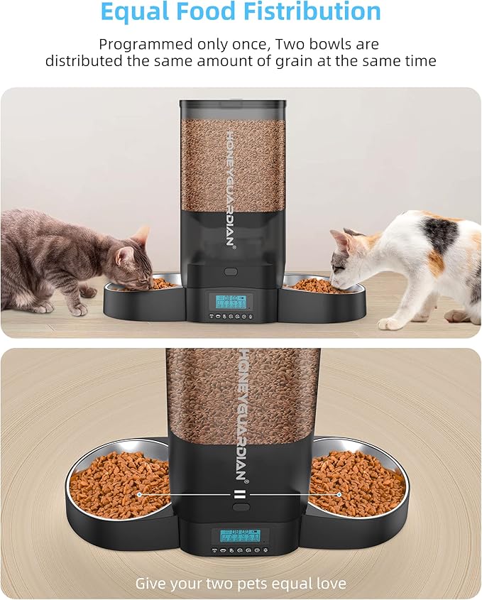 HoneyGuaridan 5L Automatic Cat Feeder for Two Cats, Cat Food Dispenser with Stainless Steel Bowl,Timed Feeder Programmable 1-6 Meals Control, Dual Power Supply,Desiccant Bag Black-Mewly Pet