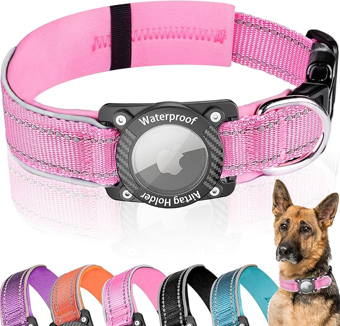 Upgraded AirTag Dog Collar, IP68 Waterproof Dog Collar with Apple Air Tag Holder, Reflective Adjustable Heavy Duty Dog Collars with Soft Padded for Small, Medium and Large Dogs,Pink, S-Mewly Pet