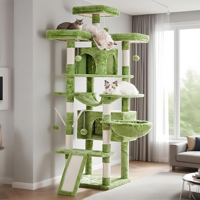 Hey-brother Cat Tree, 71 inches XL Large Cat Tower for Indoor Cats, Multi-Level Cat House with 3 Padded Perches, Big Scratcher, Cozy Basket, 2 Cat Condos and Scratching Posts, Green MPJ034GR-Mewly Pet
