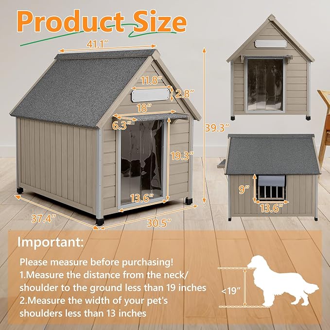 Large Dog House Outdoor Weatherproof, Wooden Dog Kennel Shelter with Anti-Chewing Iron Frame, Removable Floor for Medium to Large Dogs, Easy Clean and Assemble (30.5" L*37.4" W*39.3" H)-Mewly Pet