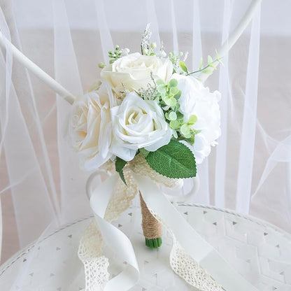 Wedding Bouquets for Bride Bridesmaid, Artificial White Champagne Bride Flower Bouquet for Wedding Church Decoration Ceremony, Anniversary, White Roses Flowers
