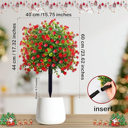 Set of 2 Artificial Topiary Boxwood Rose Ball Christmas Trees with Ground Spike,23" UV Resistant Outdoor Xmas Decor Faux Greenery Shrubs with Flowers, Fake Plants Bush for Garden, Yard, Porch