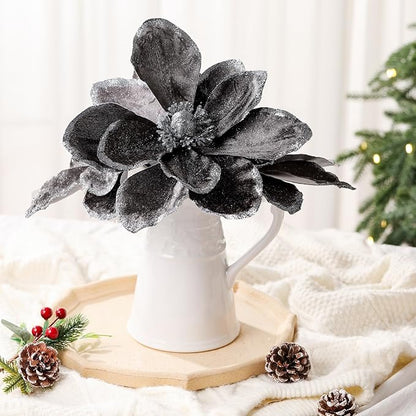 8 Pcs Large Christmas Flower Magnolia Flowers Christmas Tree Decoration Artificial Poinsettia Stems Velvet Xmas Ornaments for Xmas Tree Table Decor(Gery,12 Inch)