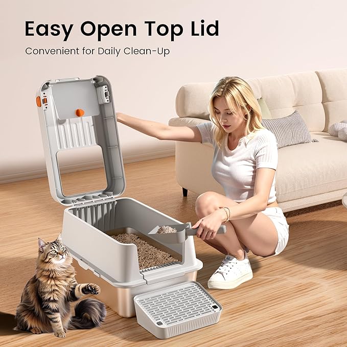 XL Stainless Steel Cat Litter Box with Easy-Open Lid, AOTRUTII Enclosed Metal Litter Box for Big Cats, Front Entry & Top Exit, High Sided, Anti-Leak, Non-Stick, Easy to Clean, Includes Scoop-Mewly Pet
