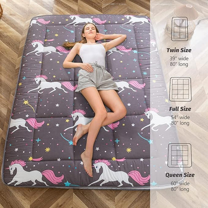 MAXYOYO Unicorn Pattern Futon Mattress, Padded Japanese Floor Mattress Quilted Bed Mattress Topper, Extra Thick Folding Sleeping Pad Breathable Floor Lounger Guest Bed for Camping Couch, Grey, Queen