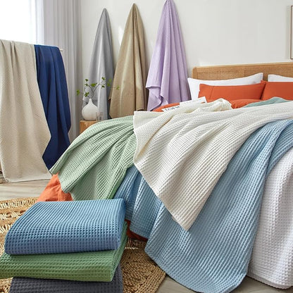 PHF 100% Cotton Waffle Weave Throw Blanket 50" x 60" - Lightweight Washed Soft Breathable for Adults and Kids - Perfect Layer for Couch Bed Sofa - Elegant Home Decoration Gift - Black