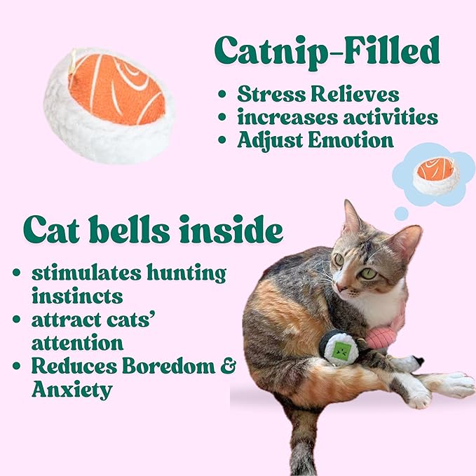 5 Pack Sushi Cat Toys, Interactive Catnip with Bells Inside Kitten Boredom Relief, Soft and Durable, Indoor Kitty Exercise Pet Toys-Mewly Pet