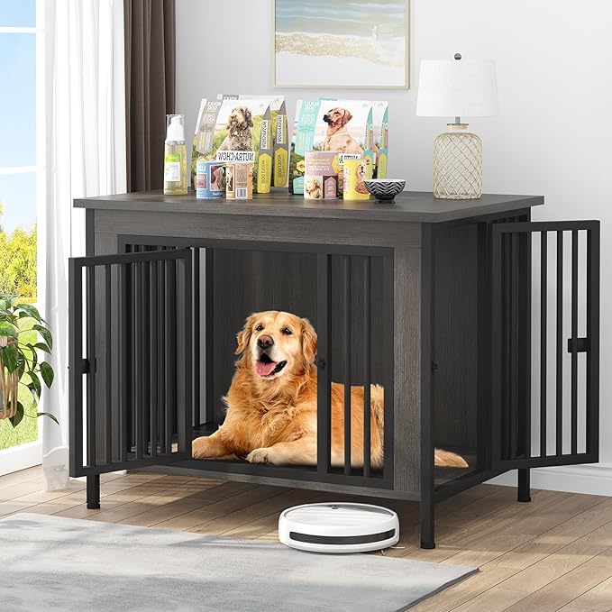 EasyCom 39.96" XL Wooden Large Dog Crate Furniture for Medium and Large Breed, Chew-Resistant Dog Kennel Furniture Indoor with 2 Doors and 3.94" Raised Feet, as TV Stand, End Table, Crate Table-Mewly Pet
