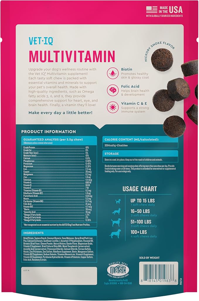 VetIQ Multivitamin Supplement for Dogs, Supports Active Brain Function, Immune System, and Digestive System, Hickory Smoke Flavored Dog Multivitamin, Made in The USA, 60 Count-Mewly Pet