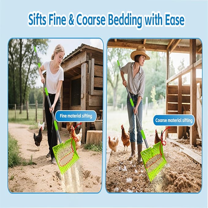 12-Inch 2-in-1 Chicken Poop Scooper & Rake – US Patent Pending – 3-Shape Sifting Holes Chicken Coop Rake，Stainless Steel Handle （20–61"）– Litter Scoop Sand & Sifting Shovel for Chicken Coops(Green)-Mewly Pet