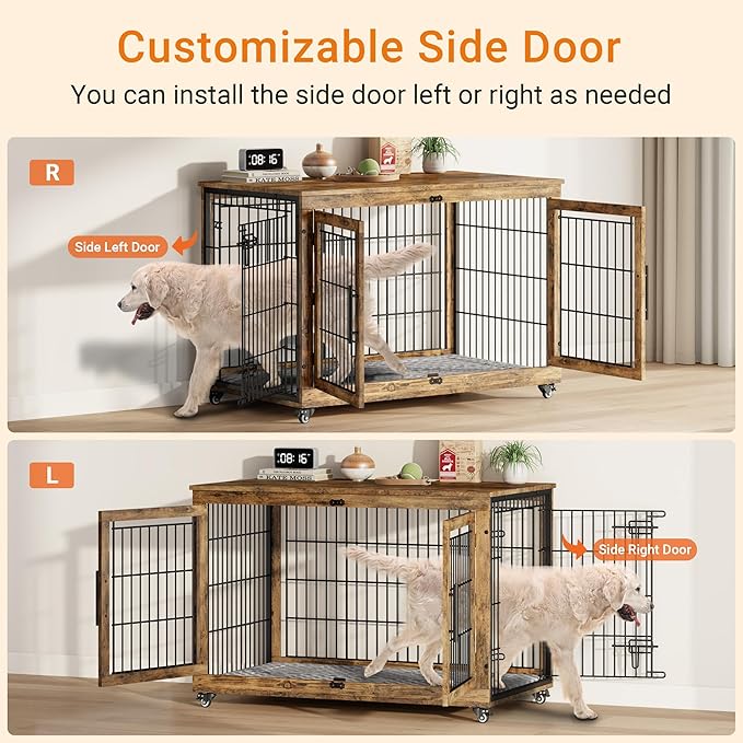 Lulive Dog Crate Furniture, XL Wooden Dog Kennel Indoor Double Doors Dog Cage, 44'' Heavy Duty Dog Crate with Cushion & Wheels, Decorative End Table Pet House Chew-Resistant for Large Dogs, Brown-Mewly Pet
