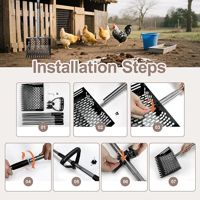 Chicken Poop Scooper - Metal Sifting Shovel & Rake 2-in-1 with Adjustable Stainless Steel Handle (37"-65"), Sand Shovel for Chicken Coops, Farm Animal Waste-Mewly Pet