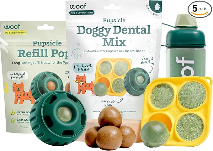 WOOF Dental Kit- Includes Pupsicle Dog Toy, Treat Tray, Shaker Bottle, Chicken Pupsicle Pops, and Dog Teeth Cleaning Powder - Supports Oral Health for Dogs - XL-Mewly Pet
