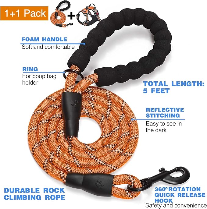 No Pull Dog Harness Adjustable Reflective Oxford Easy Control Medium Large Dog Harness with A Free Heavy Duty 5ft Dog Leash (XL (Chest: 31"-39"), Orange Harness+Leash)-Mewly Pet