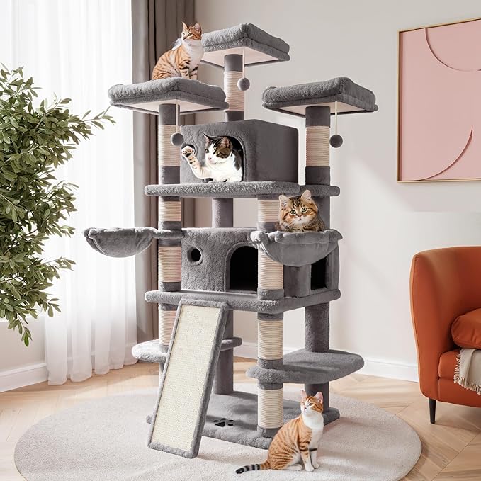 SHA CERLIN 68 Inches Multi-Level Large Cat Tree for Large Kitties/Big Cat Tower with Condo/Cozy Plush ‌Pussycat Perches/Sisal Scratching Posts and Hammocks/Activity Center/Grey-Mewly Pet