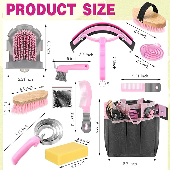 Abbylike 12 Pieces Horse Grooming Kit with Organizer Tote Bag Tack Room Supplies Horse Brush Sets Equine Care Cleaning Kit Shedding Grooming Massaging Tools(Pink and Grey)-Mewly Pet