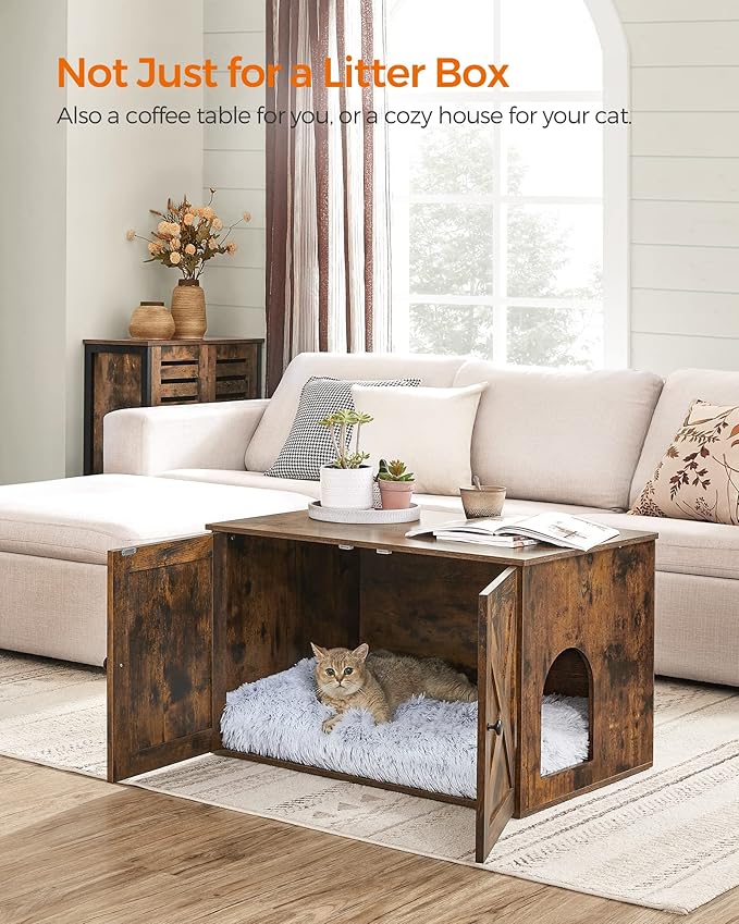 Feandrea Cat Litter Box Enclosure, Litter Box Furniture Hidden with Removable Divider, Indoor Cat House, End Table, 31.5 x 20.9 x 19.7 Inches, Rustic Brown UPCL002X01-Mewly Pet