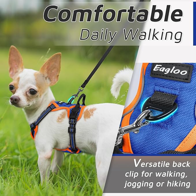 Eagloo Small Dog Harness No Pull, Service Vest with Reflective Strips and Control Handle, Adjustable and Comfortable for Walking, No Choke Pet Harness with 2 Metal Rings, Blue & Orange, XS-Mewly Pet